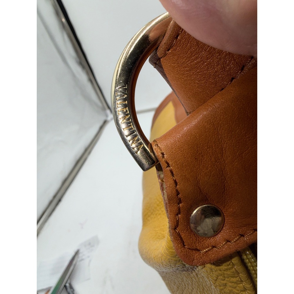 Valentina Italia Leather Shoulder Bag Mustard Yellow Cognac Brown Gold Hardware - Picture 14 of 16